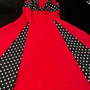 Vibrant Red Dress with Polka Dot Panels